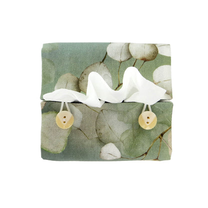 Top view of printed cotton square tissue box cover with buttons