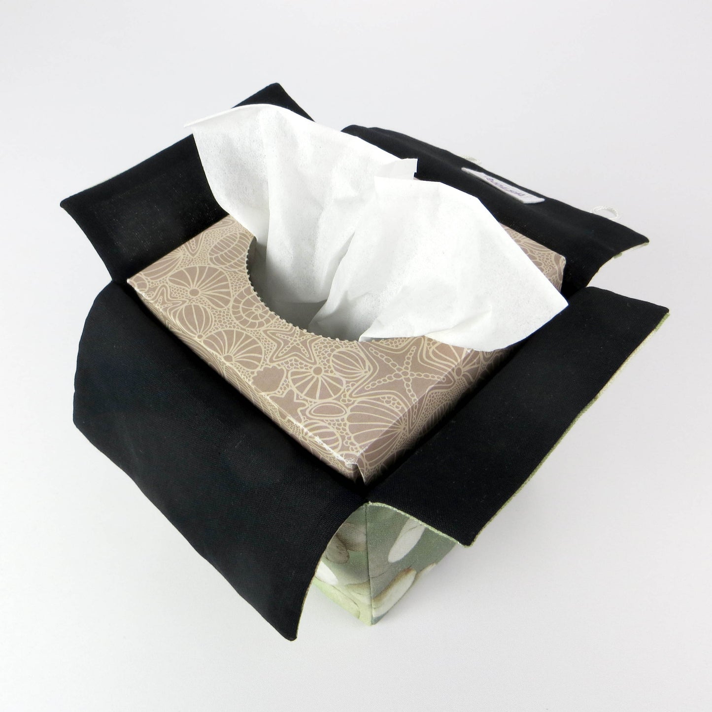 Interior view of printed cotton square tissue box cover