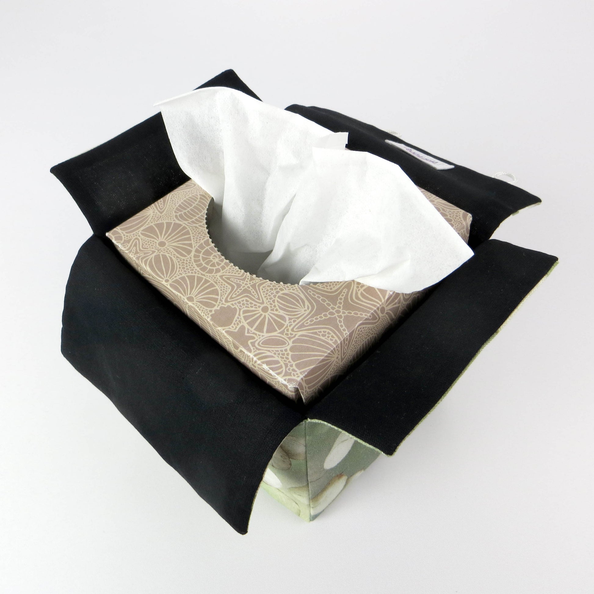 Interior view of printed cotton square tissue box cover