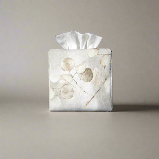 Printed cotton square tissue box with lunaria leaf design on grey background