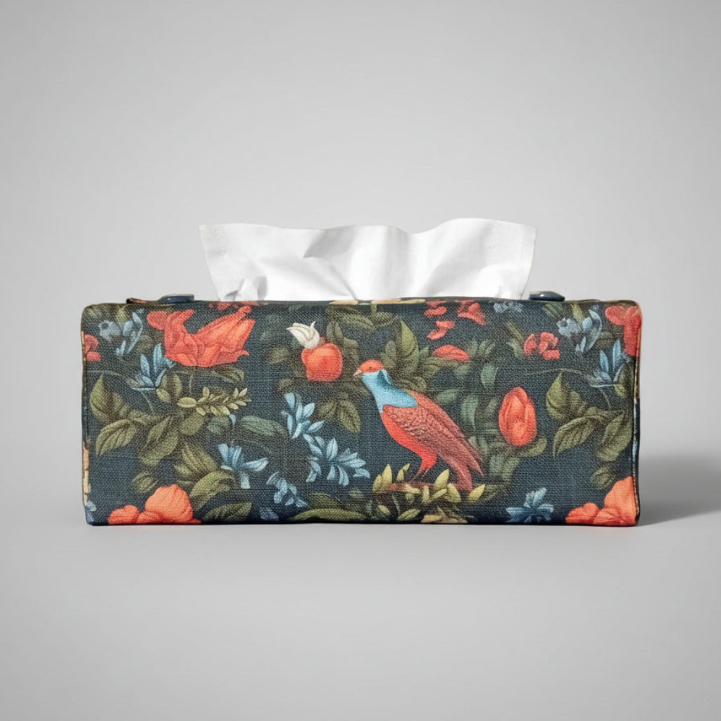 Linen tissue box cover with bright, colourful birds and flowers on a dark blue background