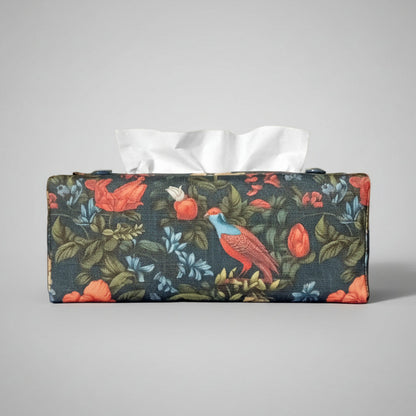 Linen tissue box cover with bright, colourful birds and flowers on a dark blue background
