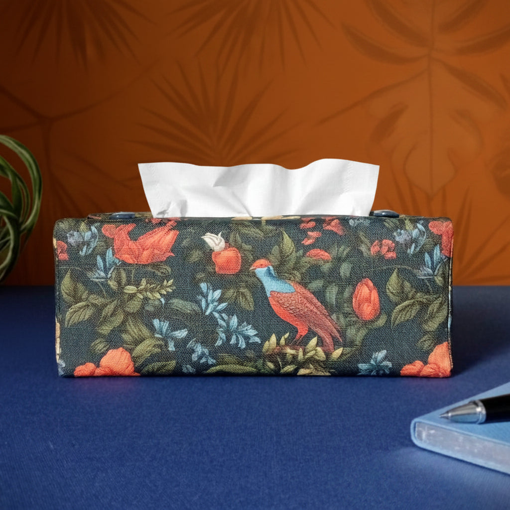Linen tissue box cover with bright, colourful birds and flowers on a dark blue background
