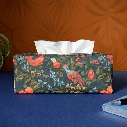 Linen tissue box cover with bright, colourful birds and flowers on a dark blue background