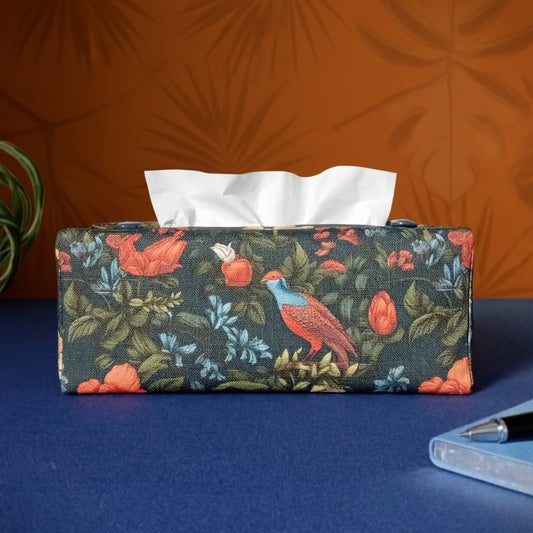 Linen rectangle tissue box cover with a pen, notebook, and plant