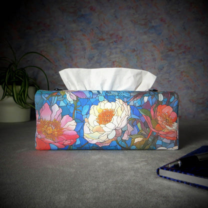 Rectangular Fabric Tissue Box Cover - Blue Stained Glass Garden