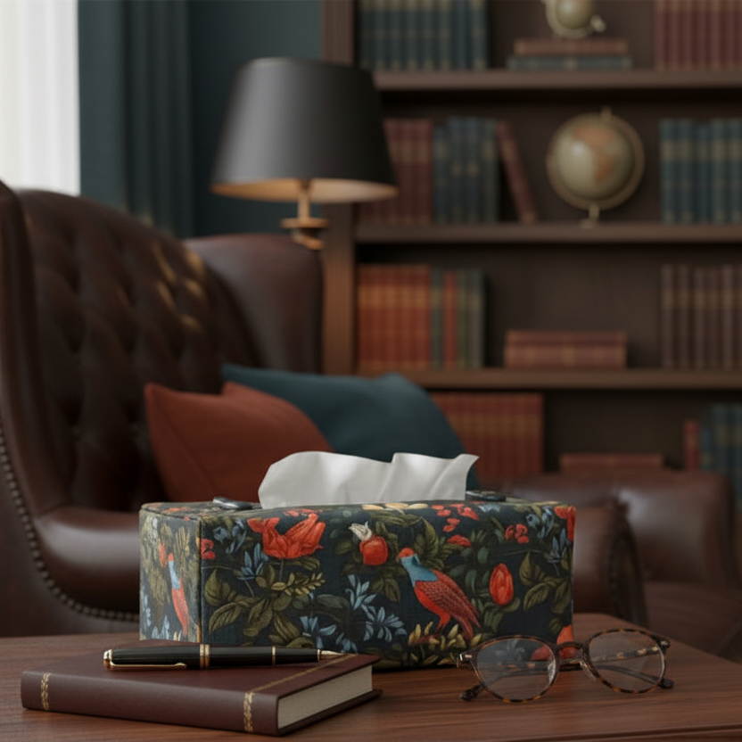 Linen tissue box cover with bright, colourful birds and flowers on a dark blue background