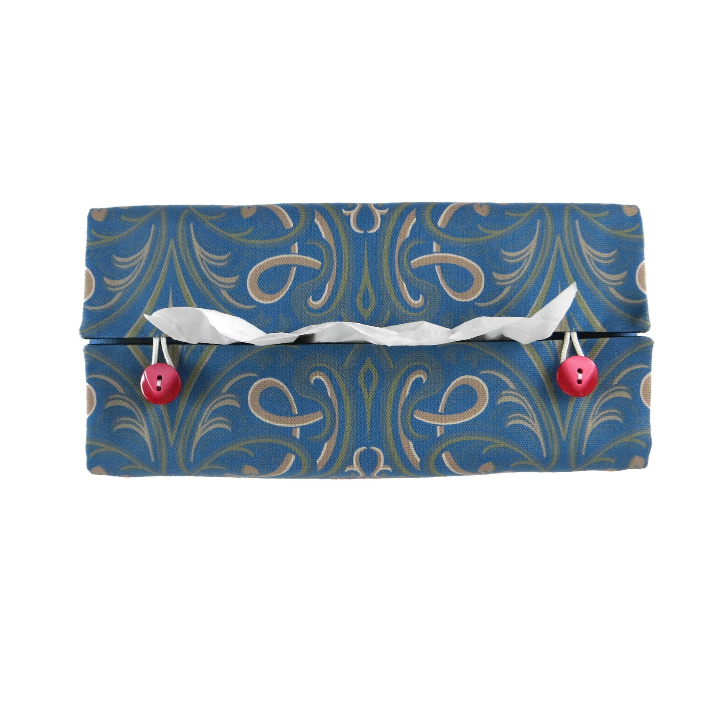 Rectangular tissue box cover with red flowers with green Victorian embellishment on blue background