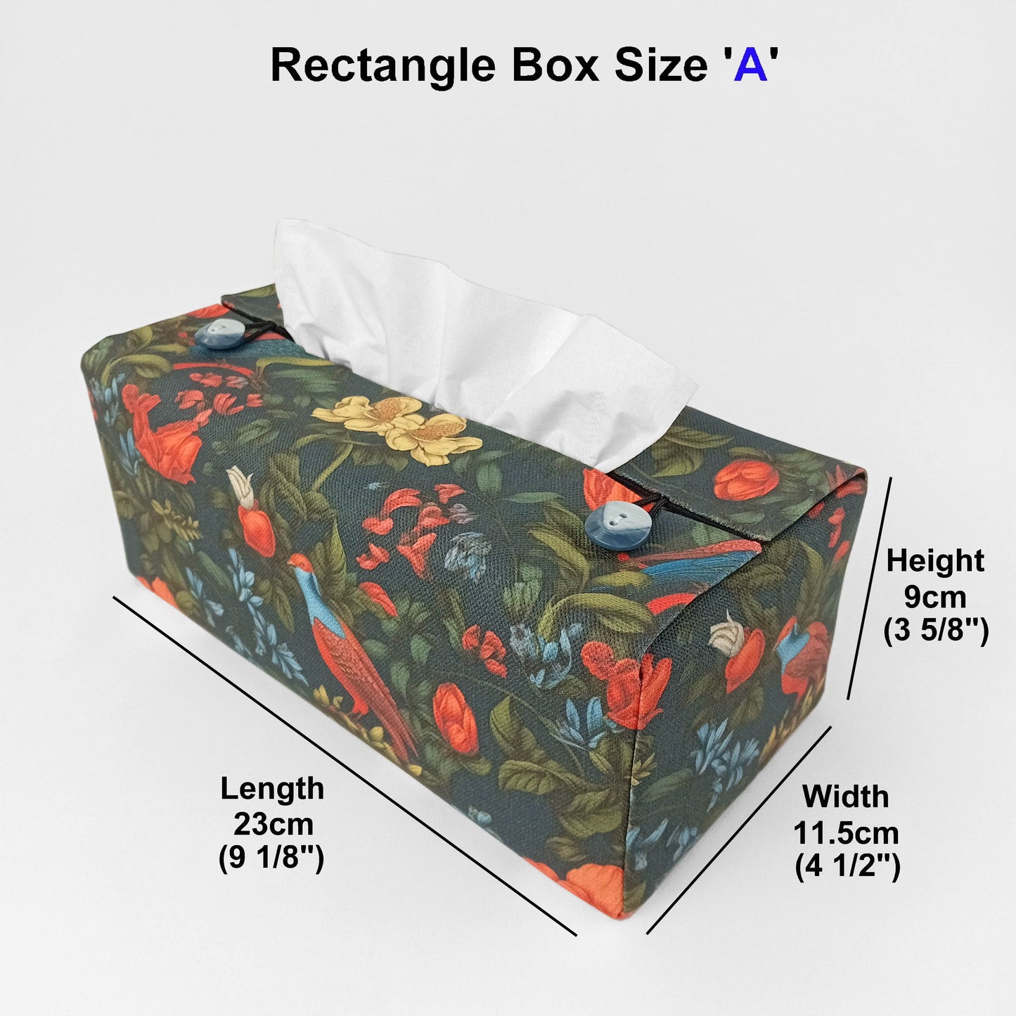 Linen tissue box cover with bright, colourful birds and flowers on a dark blue background