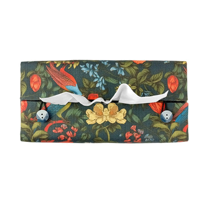 Linen tissue box cover with bright and colourful birds and flowers on a dark blue background