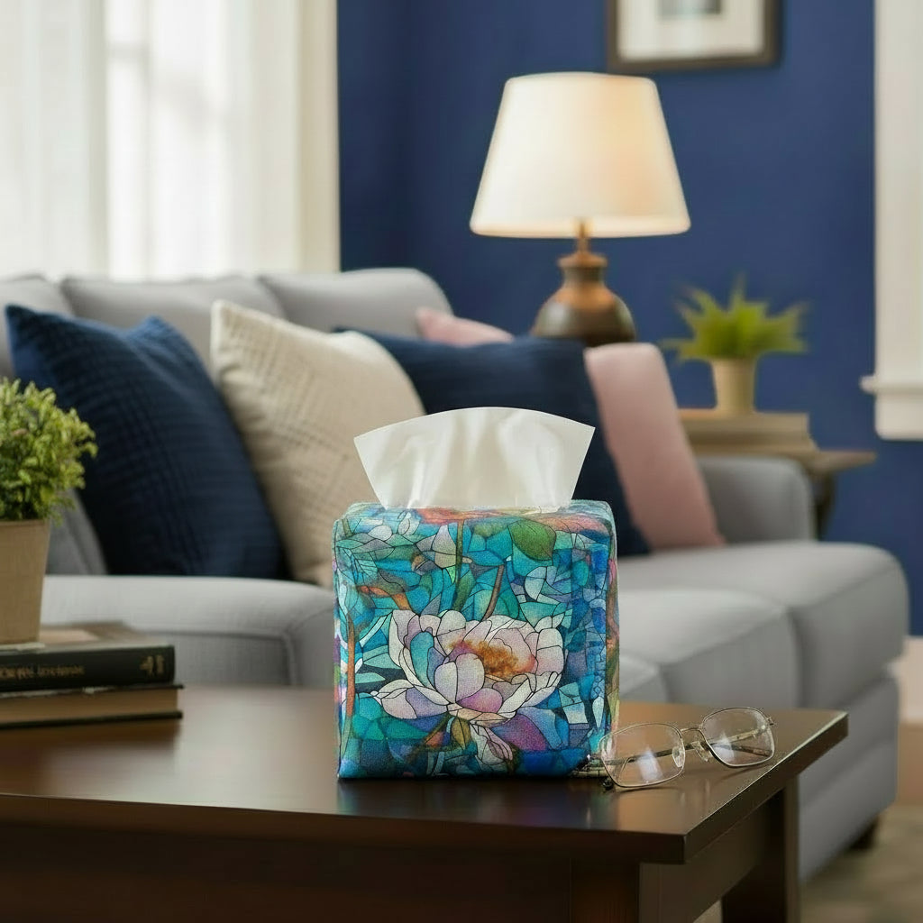Square tissue box cover sitting on a side table in a contemporary home living room