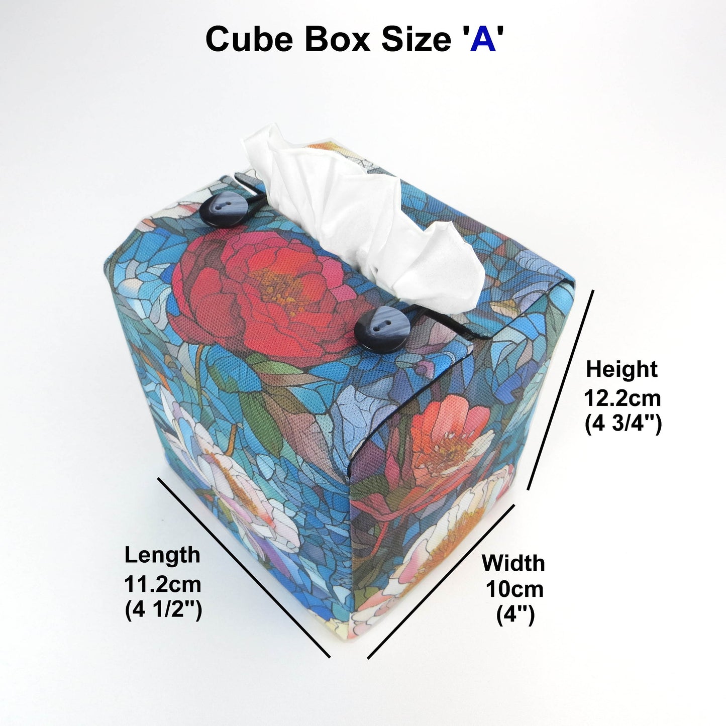 Square tissue box cover with product details