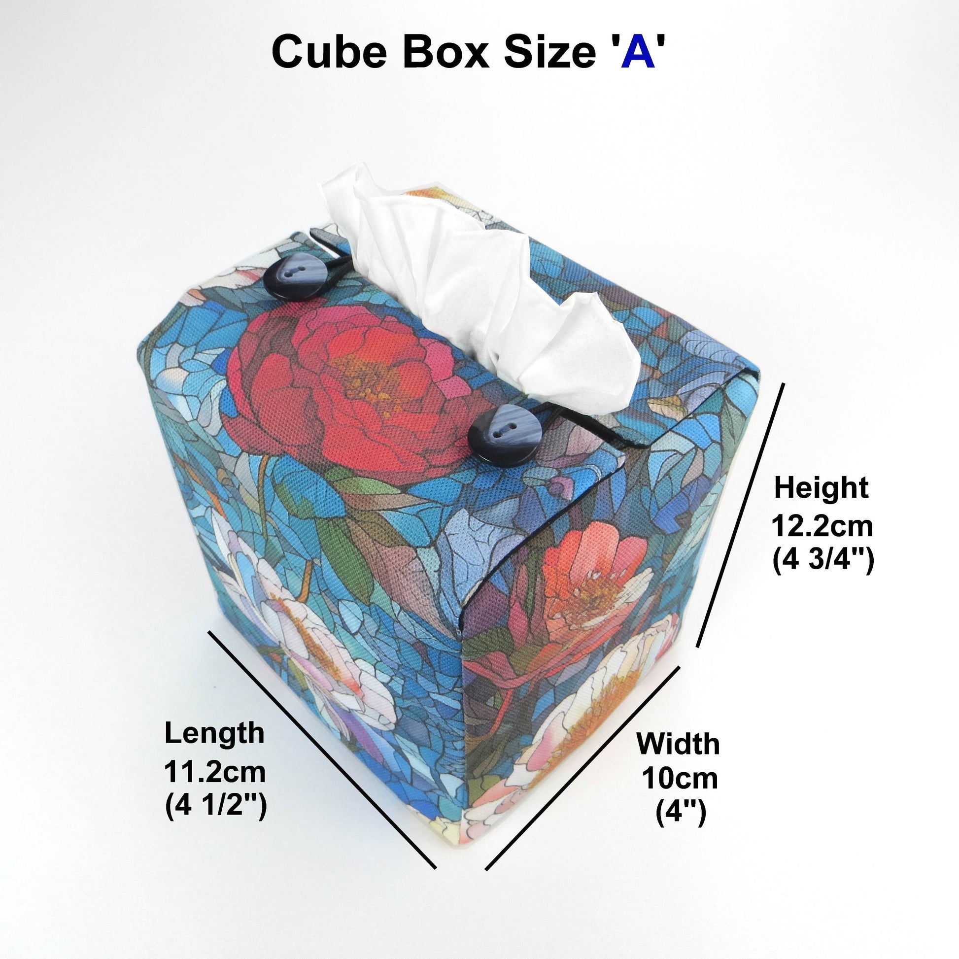 Square tissue box cover with product details