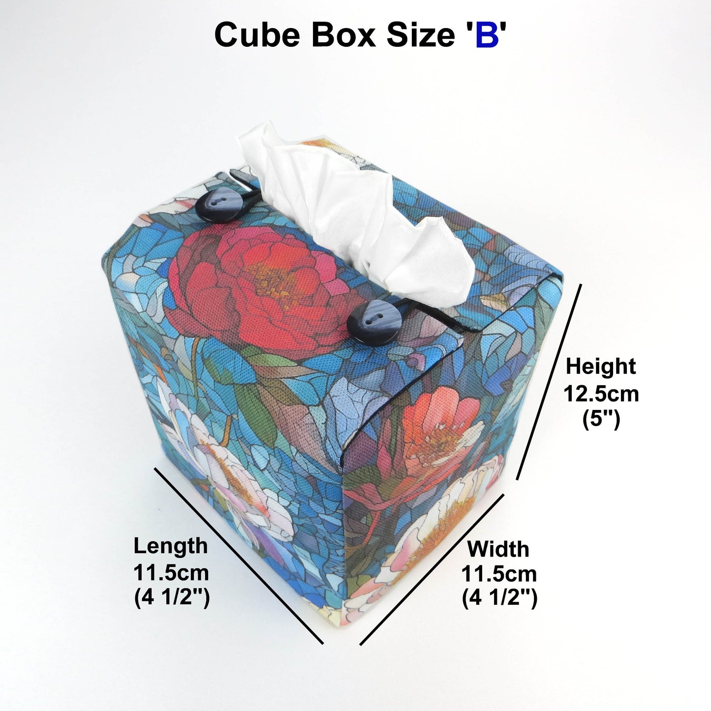 Square tissue box cover with product details