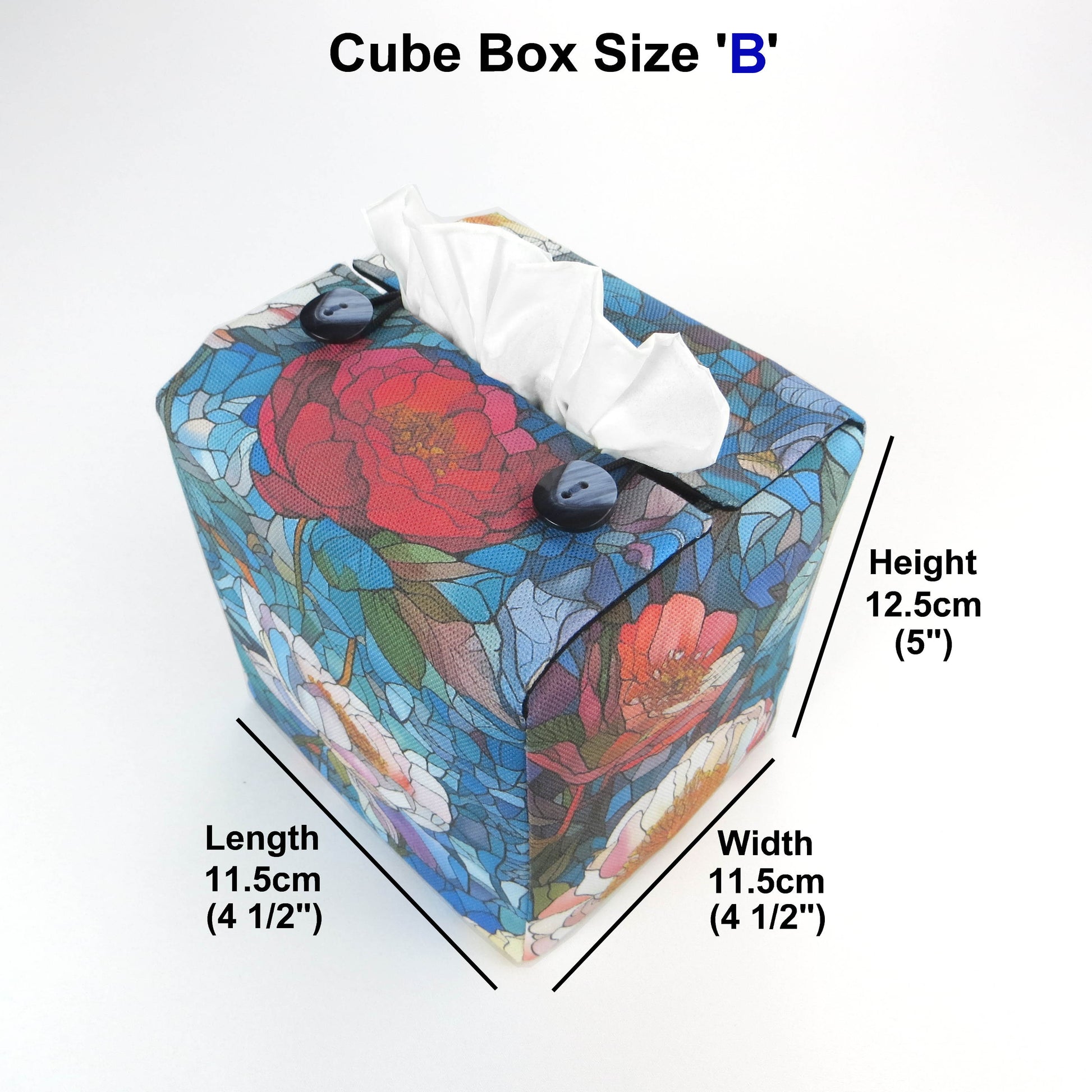 Square tissue box cover with product details