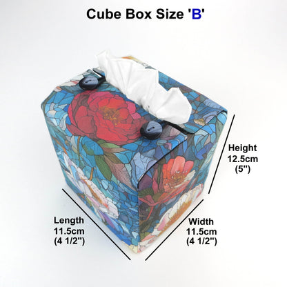 Square tissue box cover with product details