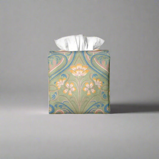 Square tissue box cover with yellow flowers and blue Victorian embellishment on sage green background