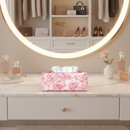 Cotton rectangle tissue box cover sitting on a vanity desk in a contemporary home bedroom