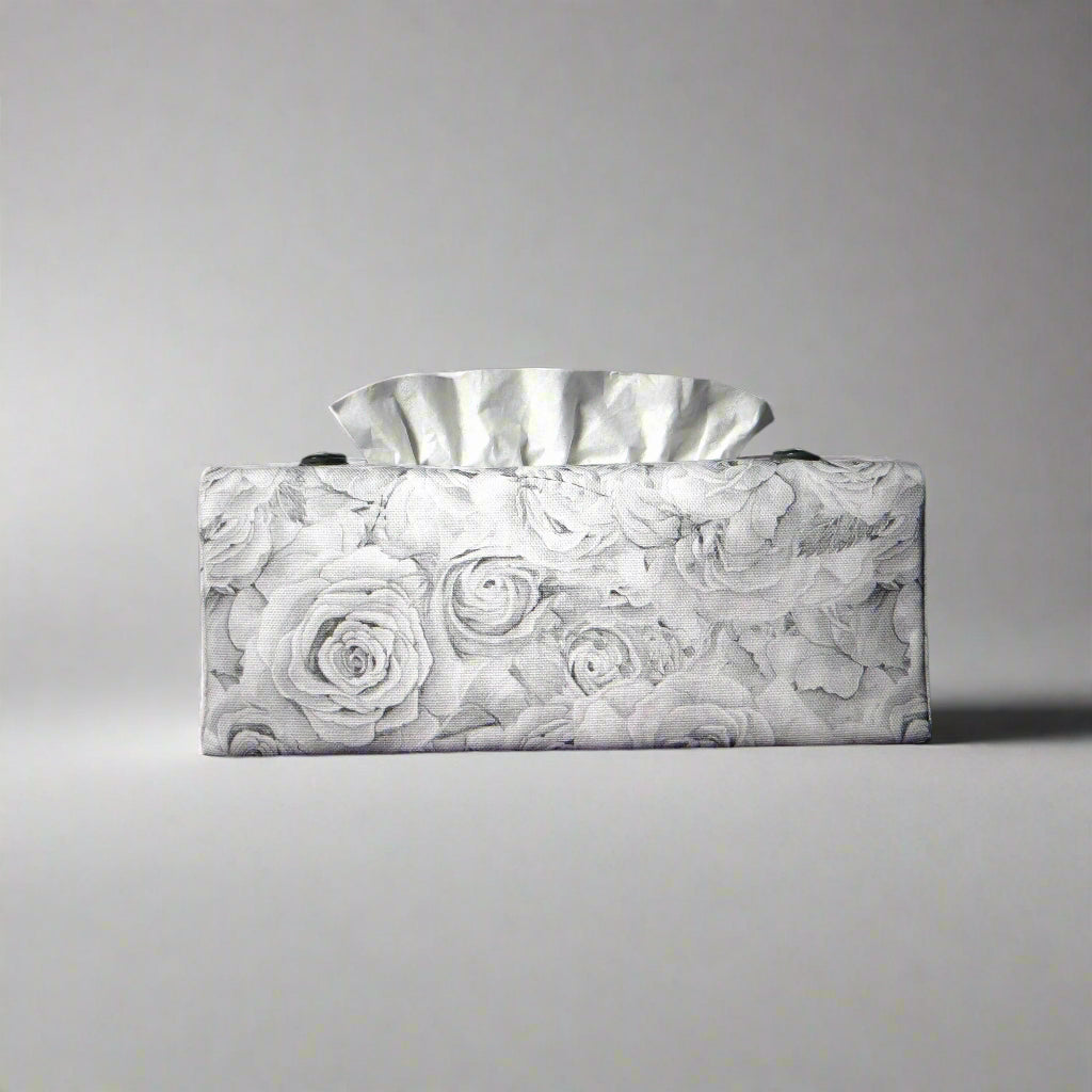 Cotton rectangle tissue box cover with light grey roses and white accent