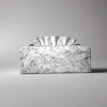 Cotton rectangle tissue box cover with light grey roses and white accent