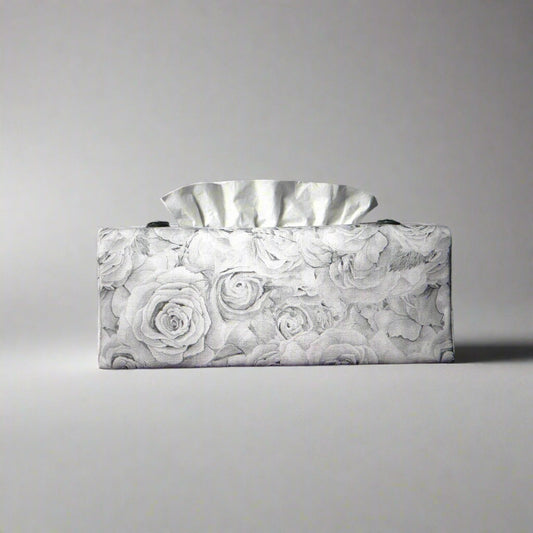 Cotton rectangle tissue box cover with light grey roses and white accent