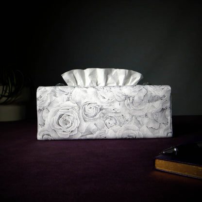 Rectangular Fabric Tissue Box Cover - Light Grey Bed of Roses
