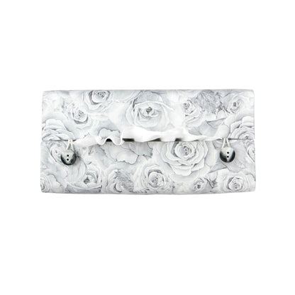 Cotton rectangle tissue box cover with light grey roses and white accent