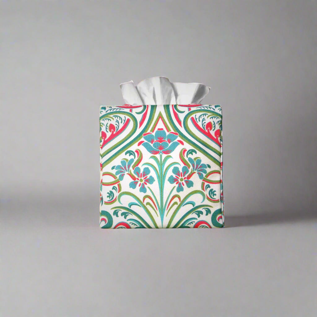 Cotton square tissue box cover with blue flowers and teal and red Victorian embellishment on white background