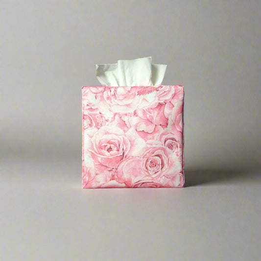 Cotton square tissue box cover with pink roses and white accent