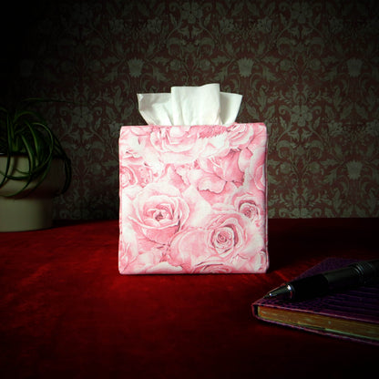 Cotton square tissue box cover with pen, notebook, and plant