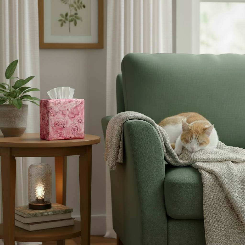 Cotton square tissue box cover sitting on a side table in a contemporary home living room