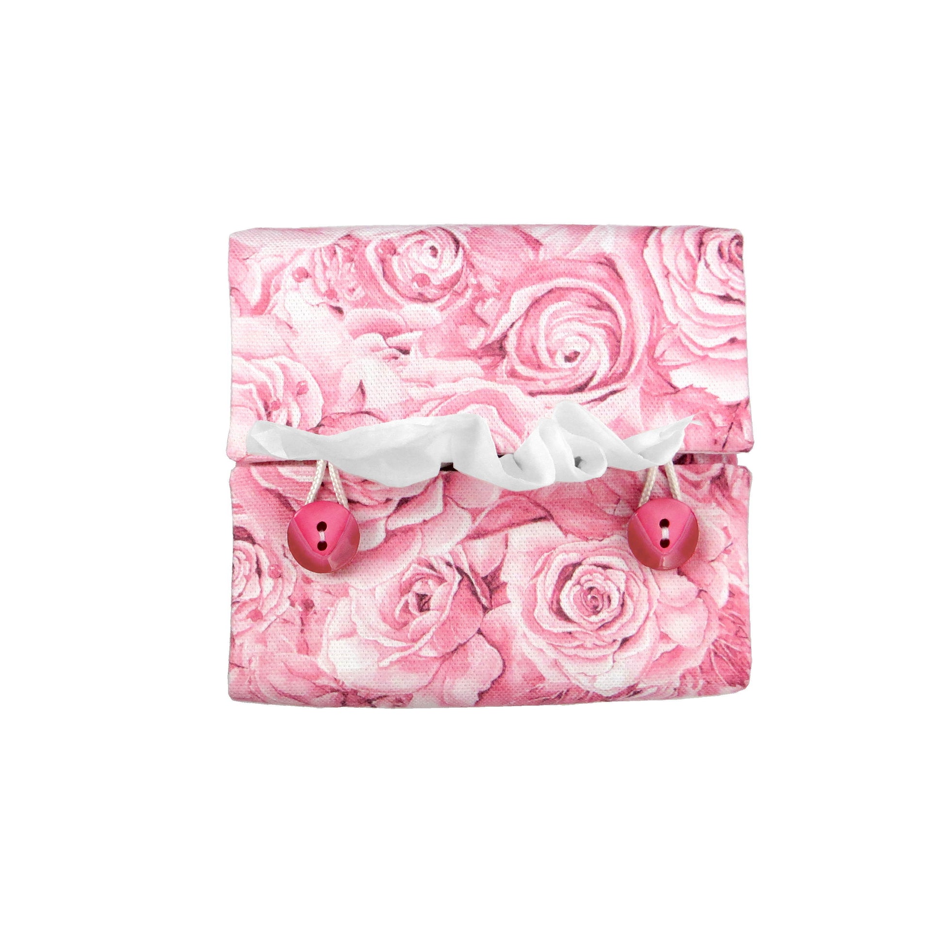 Top view of cotton square tissue box cover with buttons