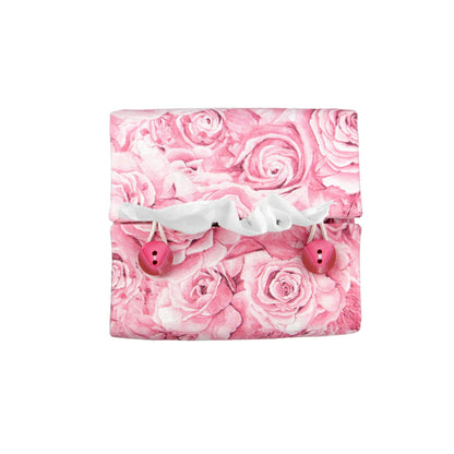 Top view of cotton square tissue box cover with buttons