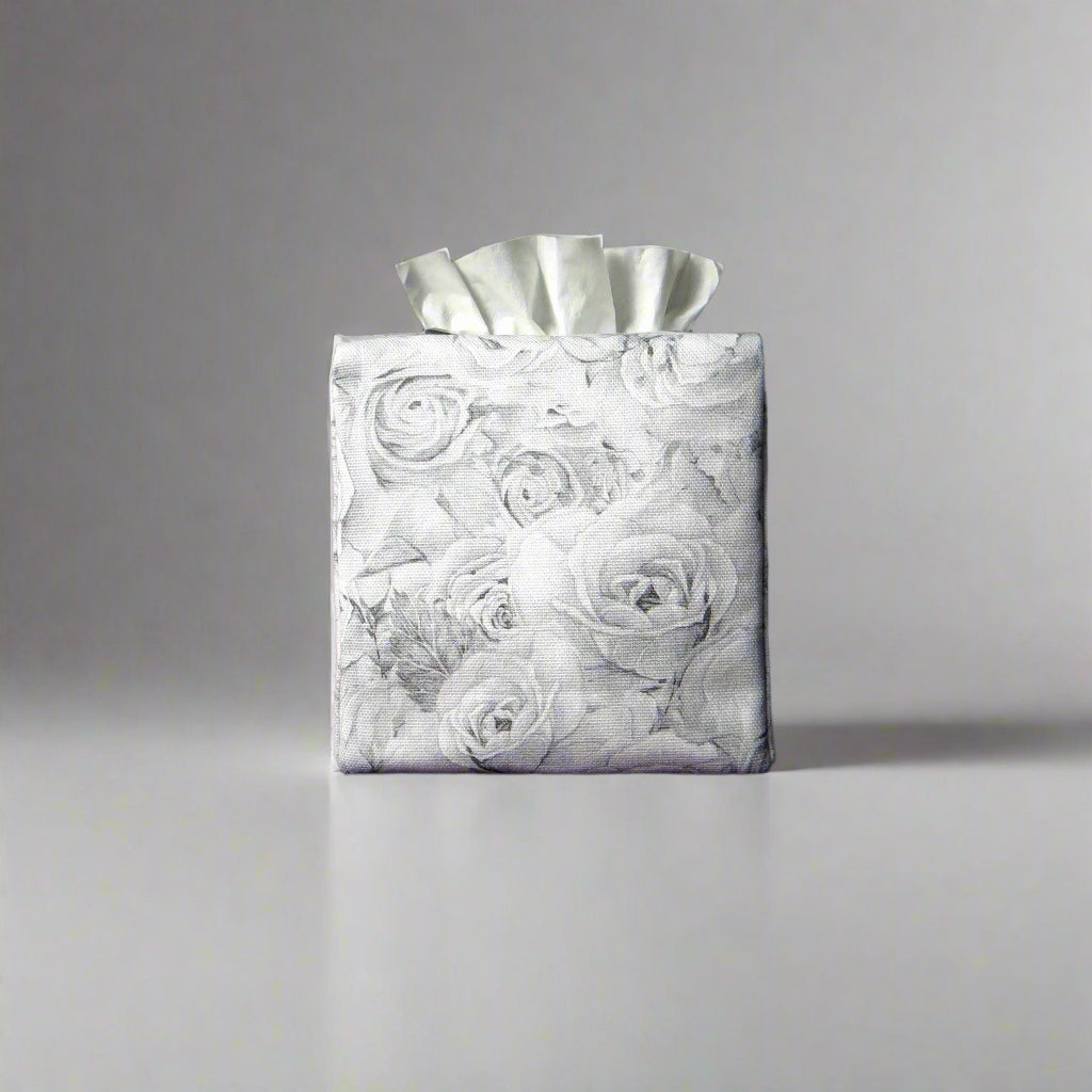 Cotton square tissue box cover with light grey roses and white accent