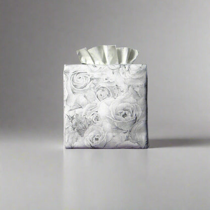 Cotton square tissue box cover with light grey roses and white accent