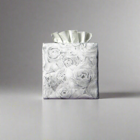 Cotton square tissue box cover with light grey roses and white accent