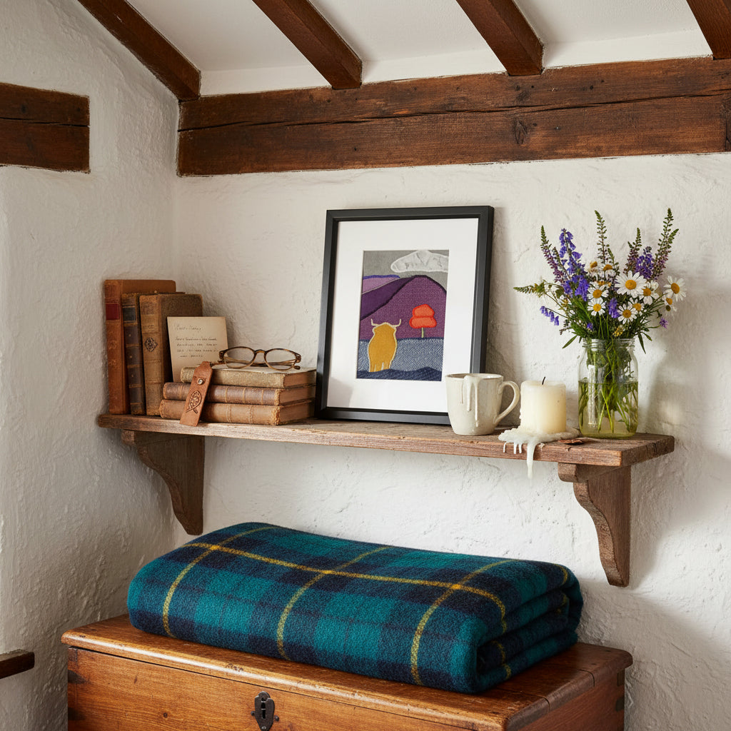 Framed fabric art sitting on a shelf with books, flowers, and blanket chest in a rustic cottage