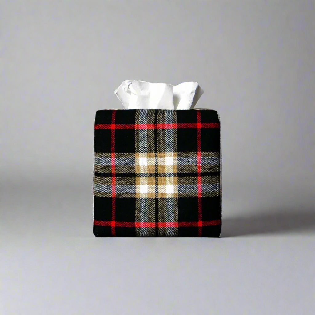 Woven brushed cotton square tissue box cover with black and tan tartan pattern with a red stripe