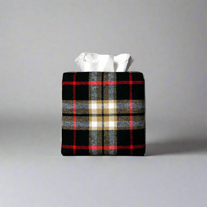 Woven brushed cotton square tissue box cover with black and tan tartan pattern with a red stripe