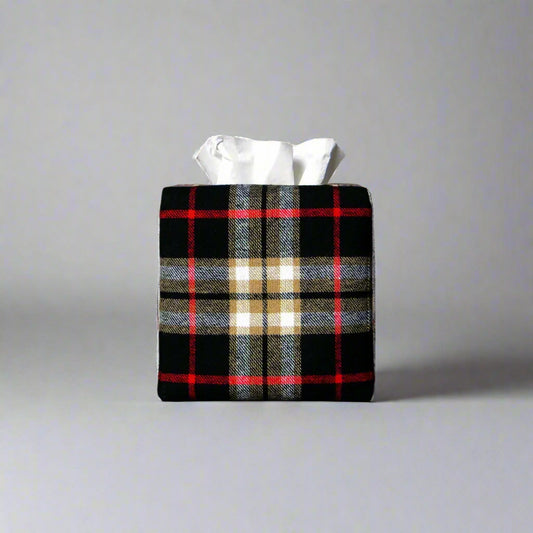 Woven brushed cotton square tissue box cover with black and tan tartan pattern with a red stripe