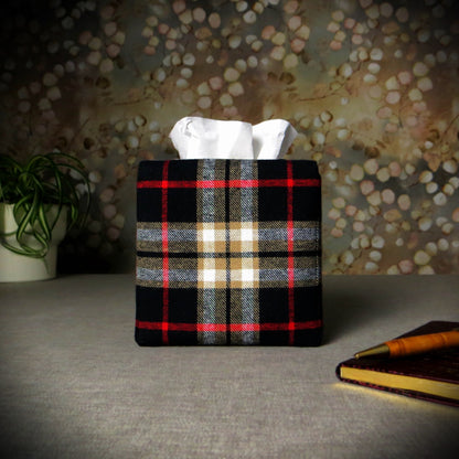 Cube Fabric Tissue Box Cover - Black and Tan Tartan