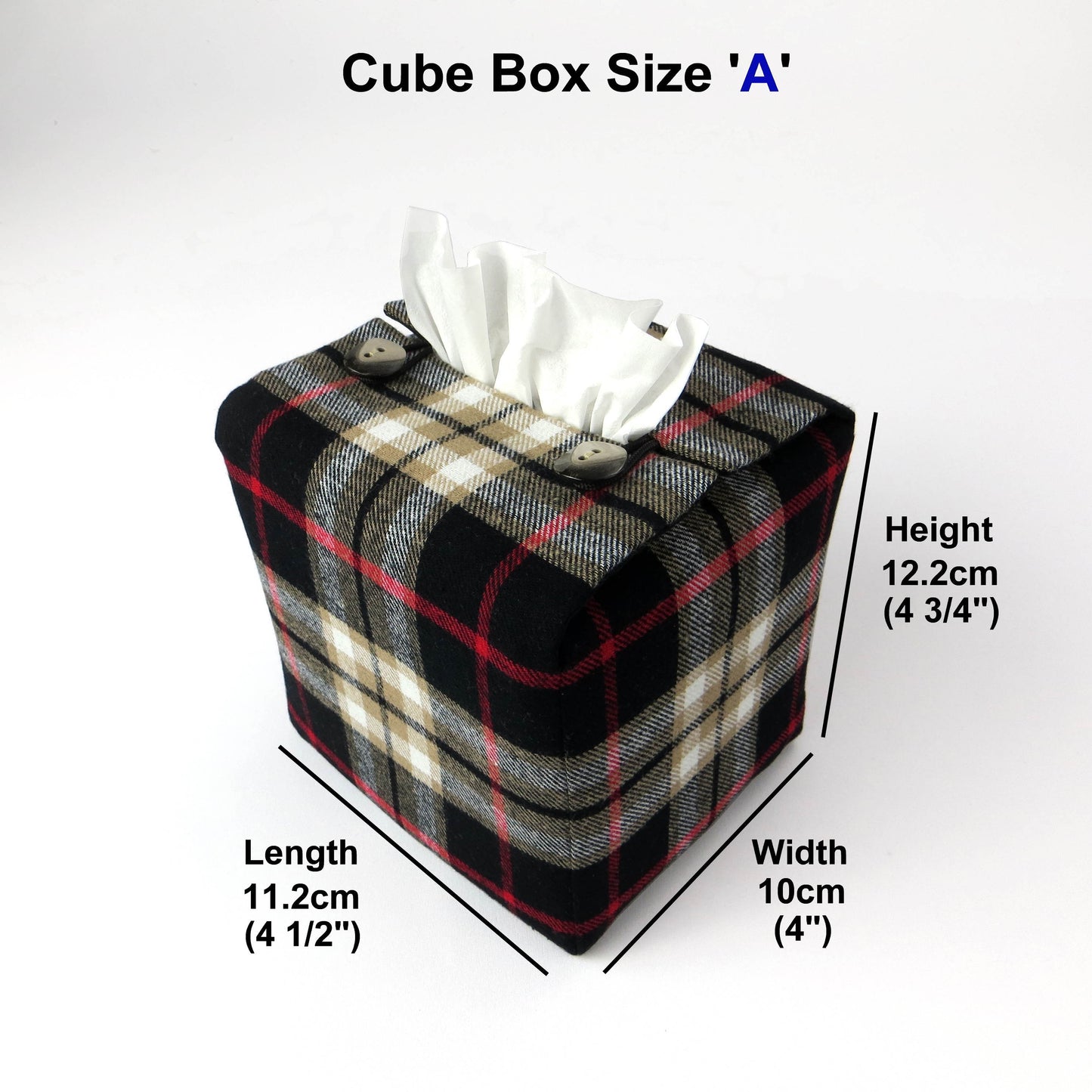 Woven brushed cotton square tissue box cover with black and tan tartan pattern with a red stripe