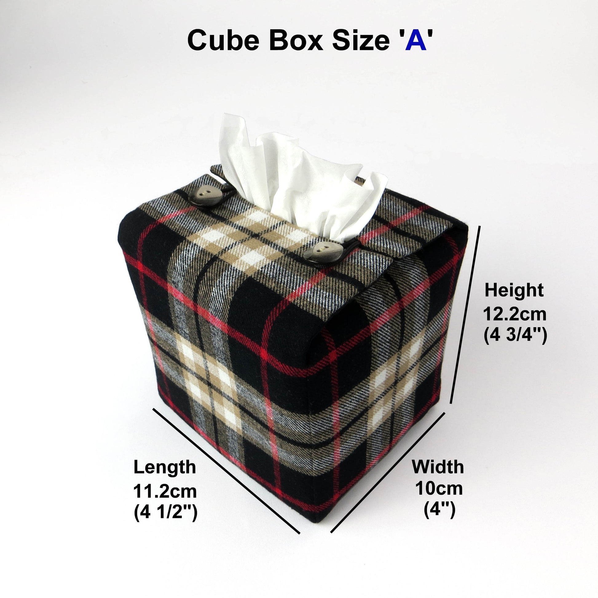 Woven brushed cotton square tissue box cover with black and tan tartan pattern with a red stripe