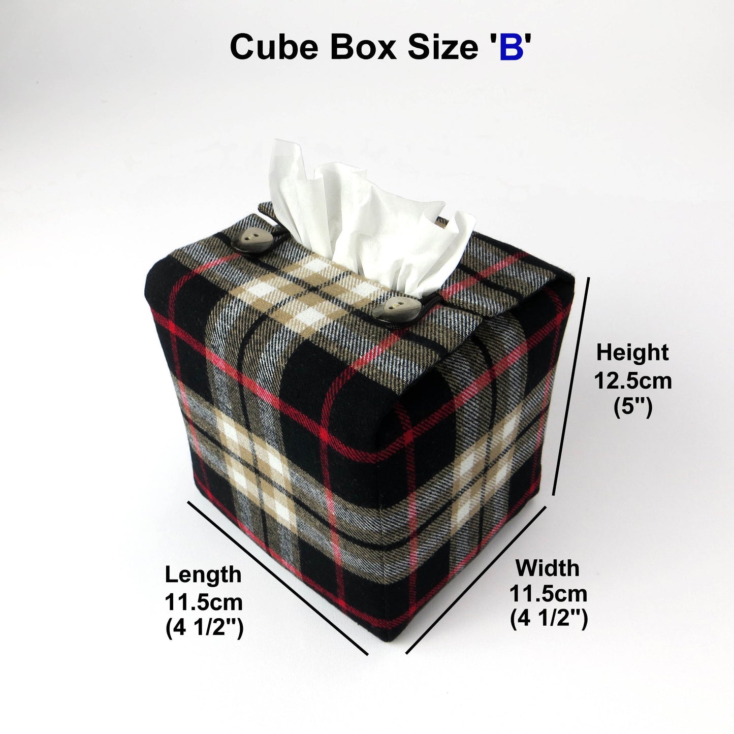 Woven brushed cotton square tissue box cover with black and tan tartan pattern with a red stripe