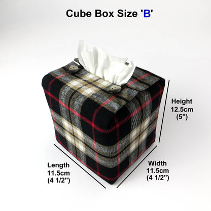 Woven brushed cotton square tissue box cover with black and tan tartan pattern with a red stripe