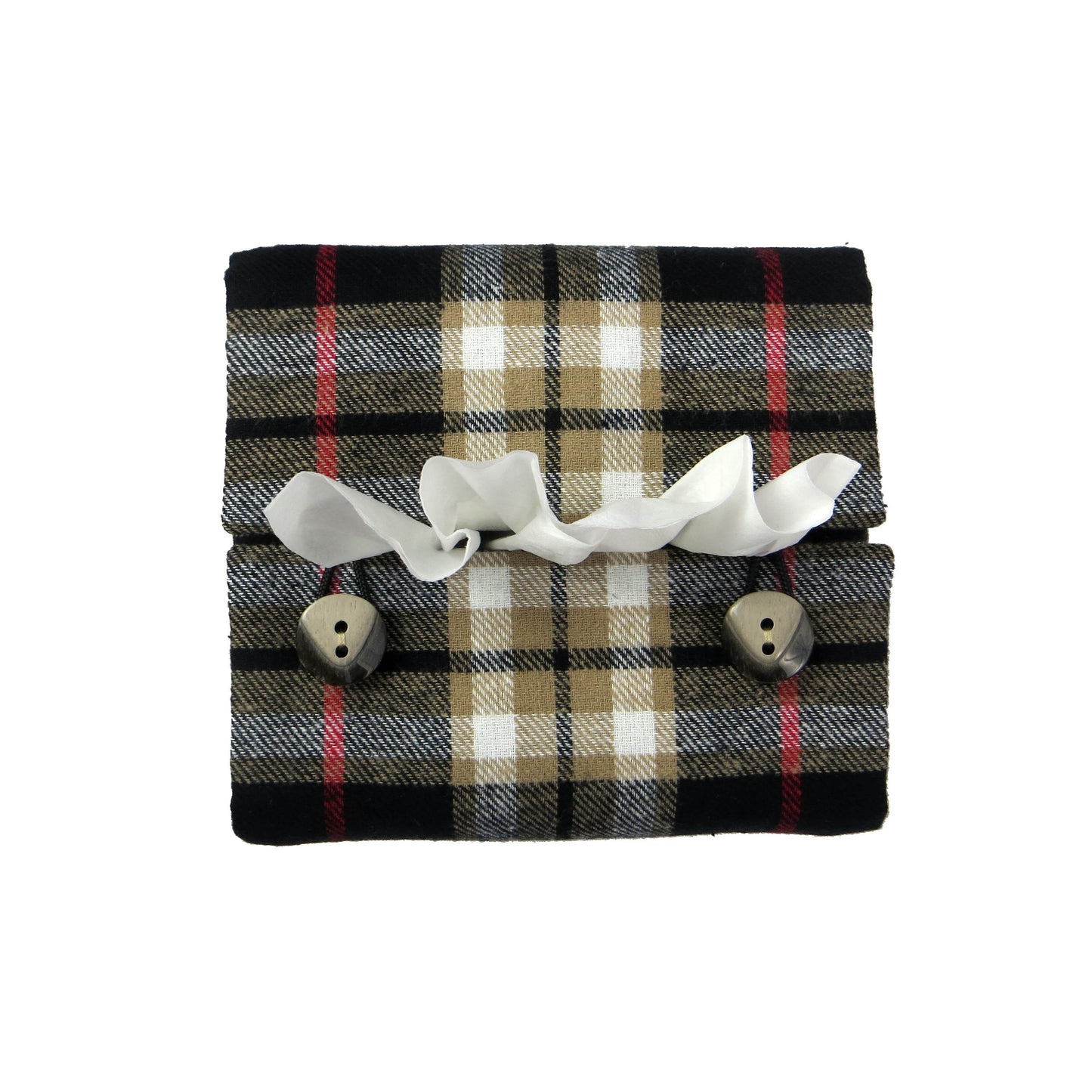 Woven brushed cotton square tissue box cover with black and tan tartan pattern with a red stripe