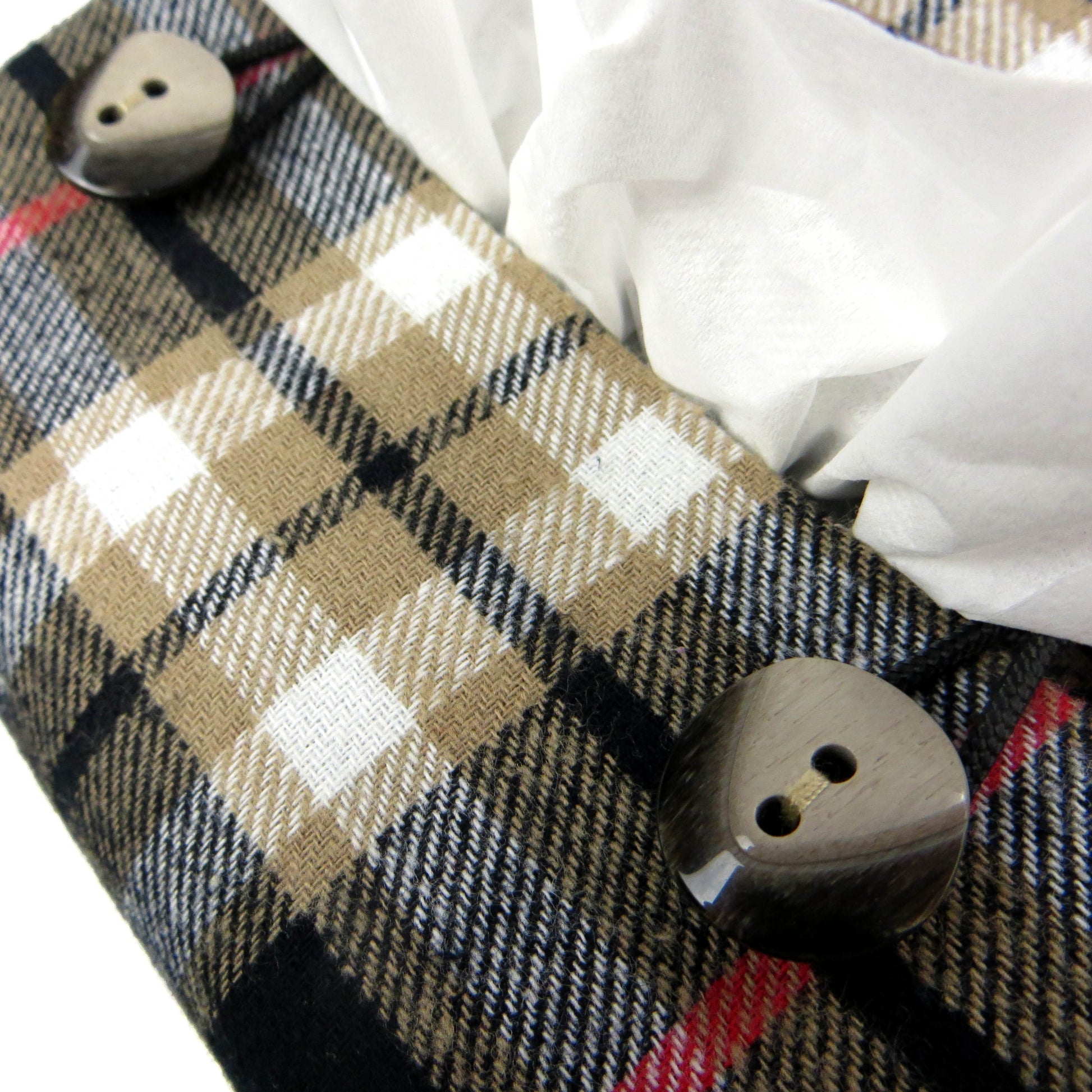 Woven brushed cotton square tissue box cover with black and tan tartan pattern with a red stripe
