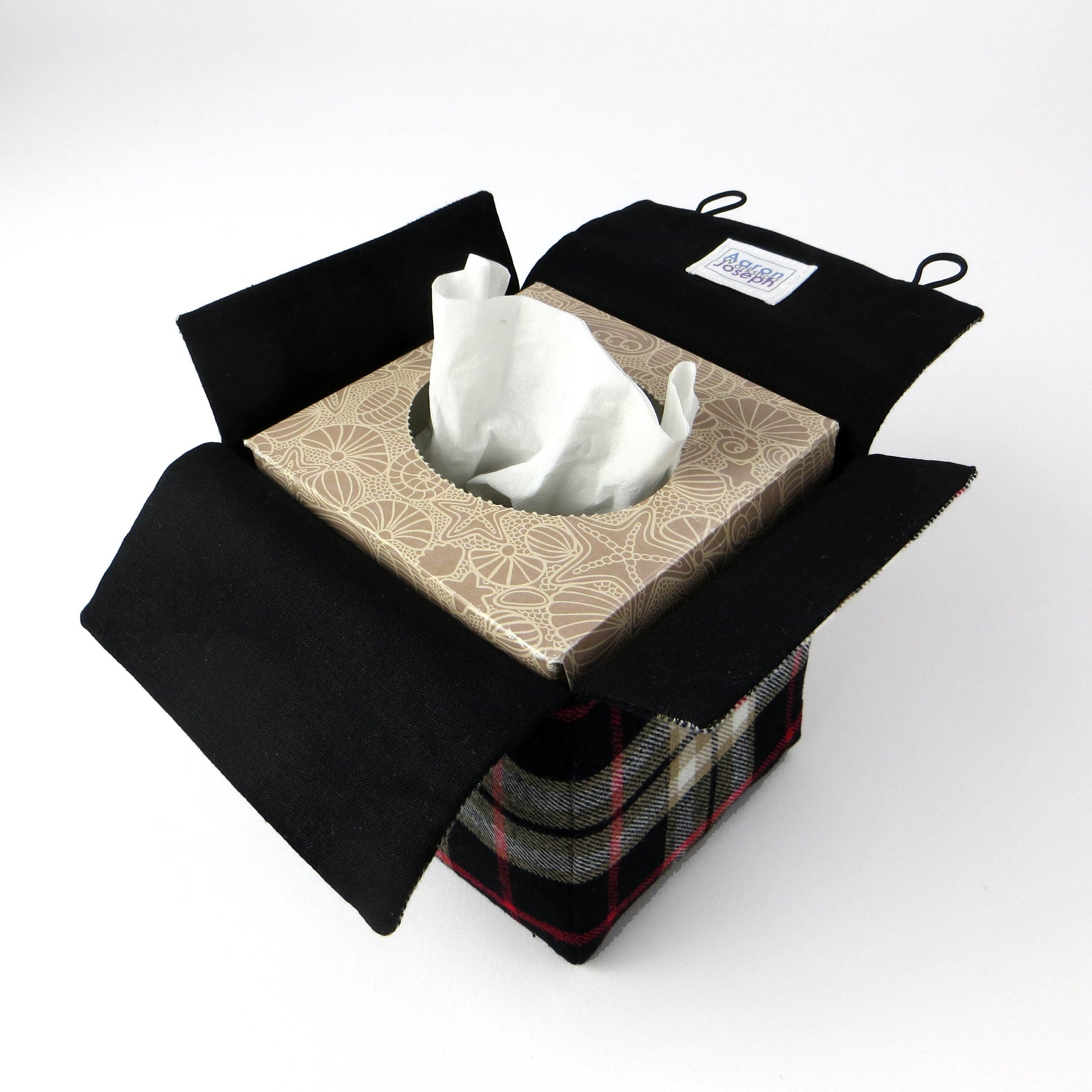 Woven brushed cotton square tissue box cover with black and tan tartan pattern with a red stripe