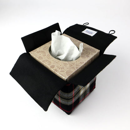 Woven brushed cotton square tissue box cover with black and tan tartan pattern with a red stripe