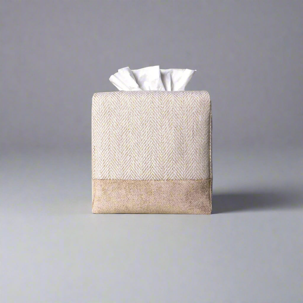 Square tissue box cover with beige herringbone pattern and beige velvet base